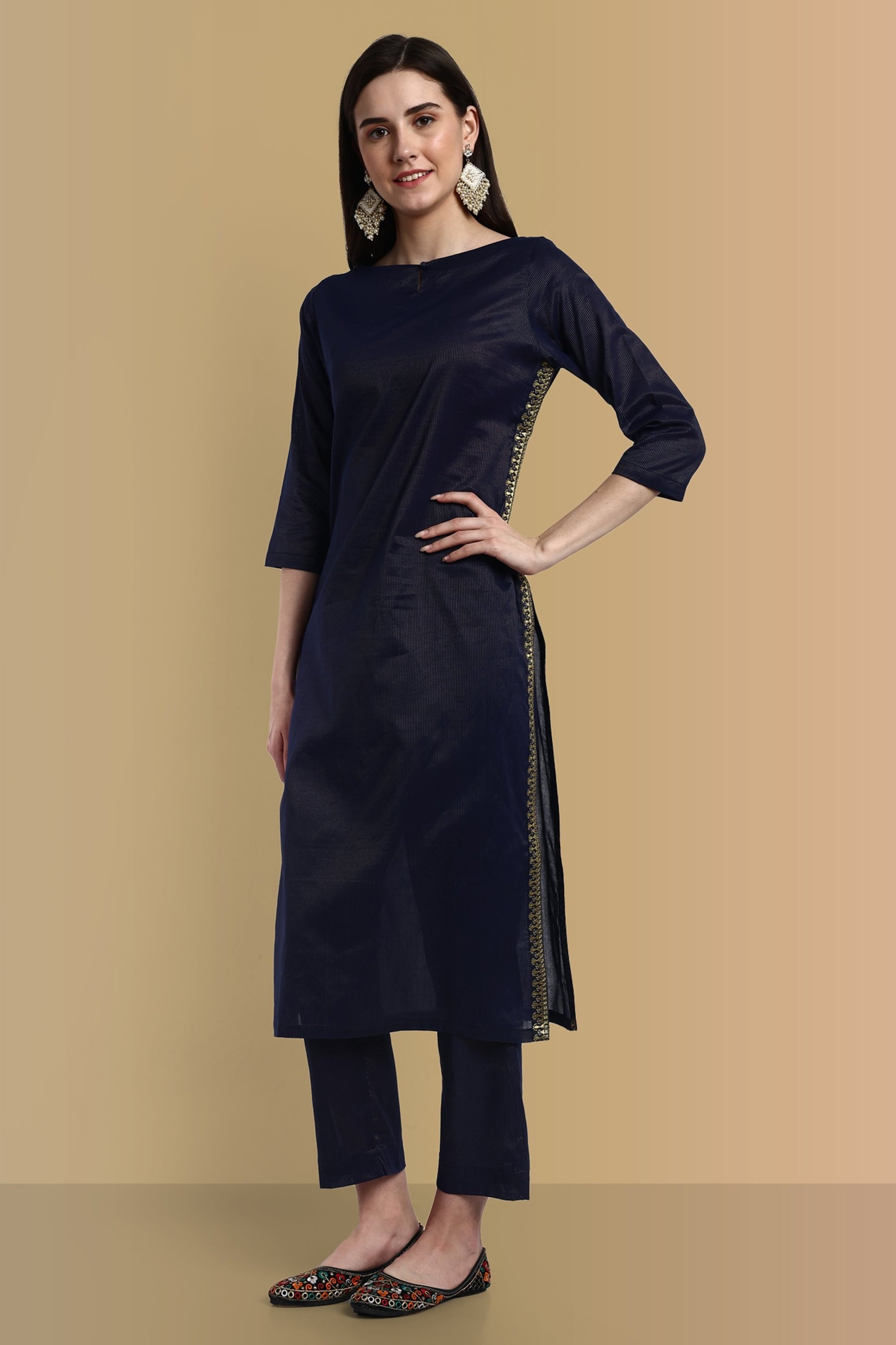 Midnight Blue Side Embriodery Kurta with Elasticated Pant - Set of 2