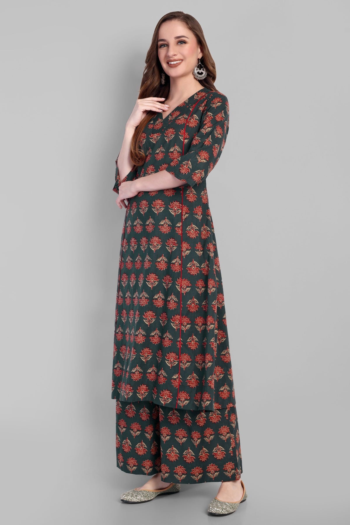 V Neck A Line Green Ajrak Kurta and Pant