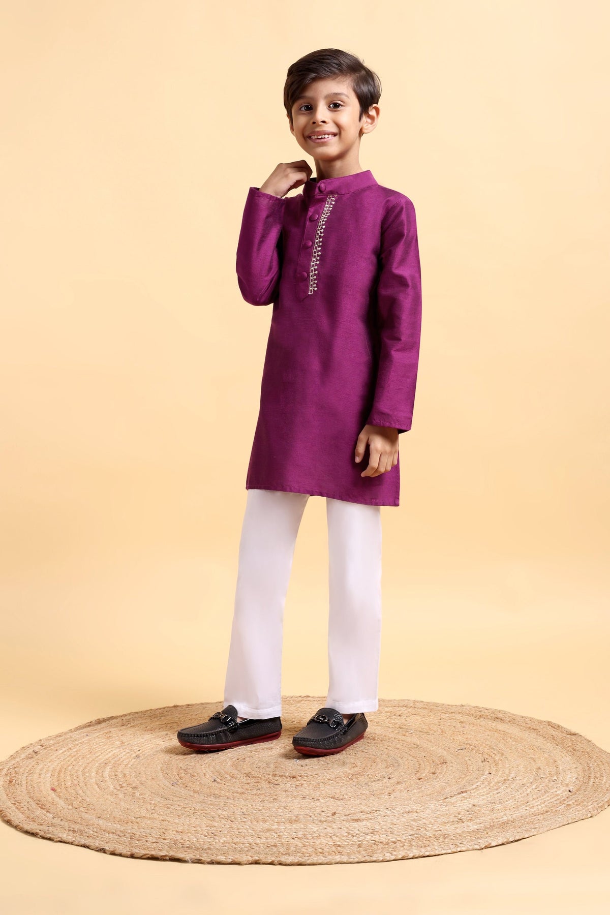 Purple Embriodery Cotton Silk Kurta & Pajama Set