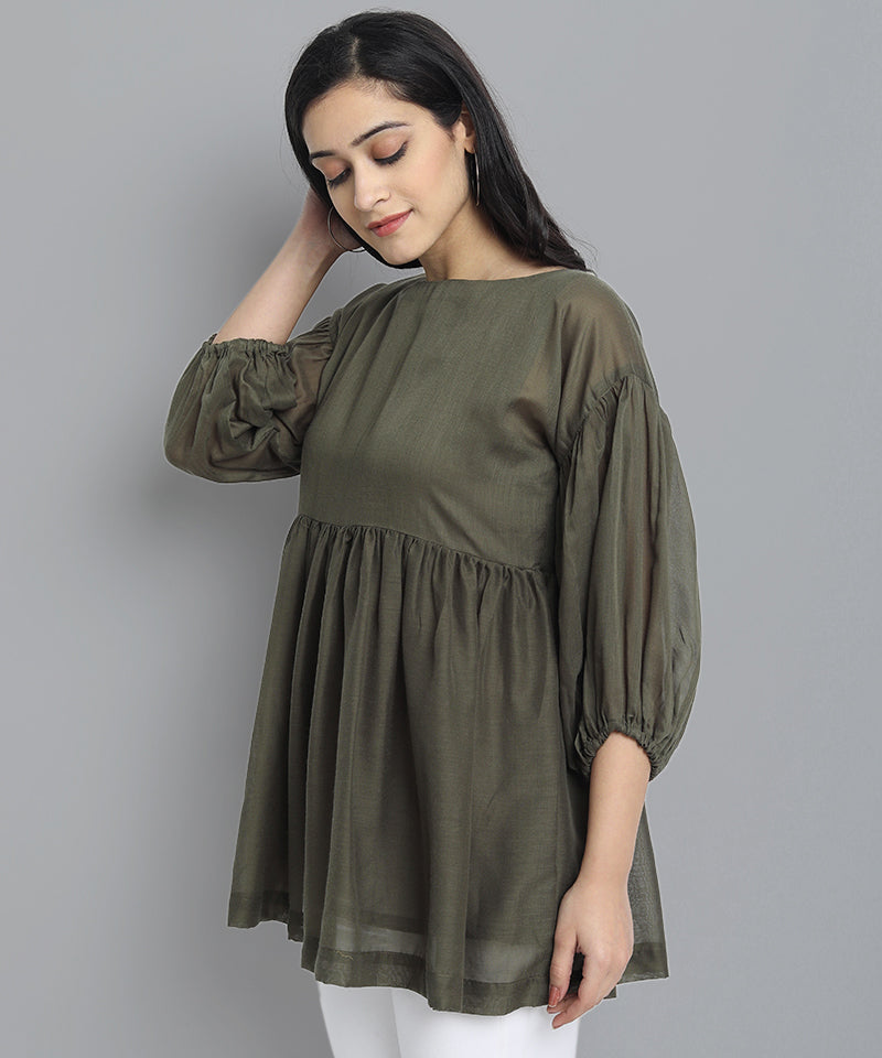 Khaki Mul Cotton Tunic Top - Mera Rang
