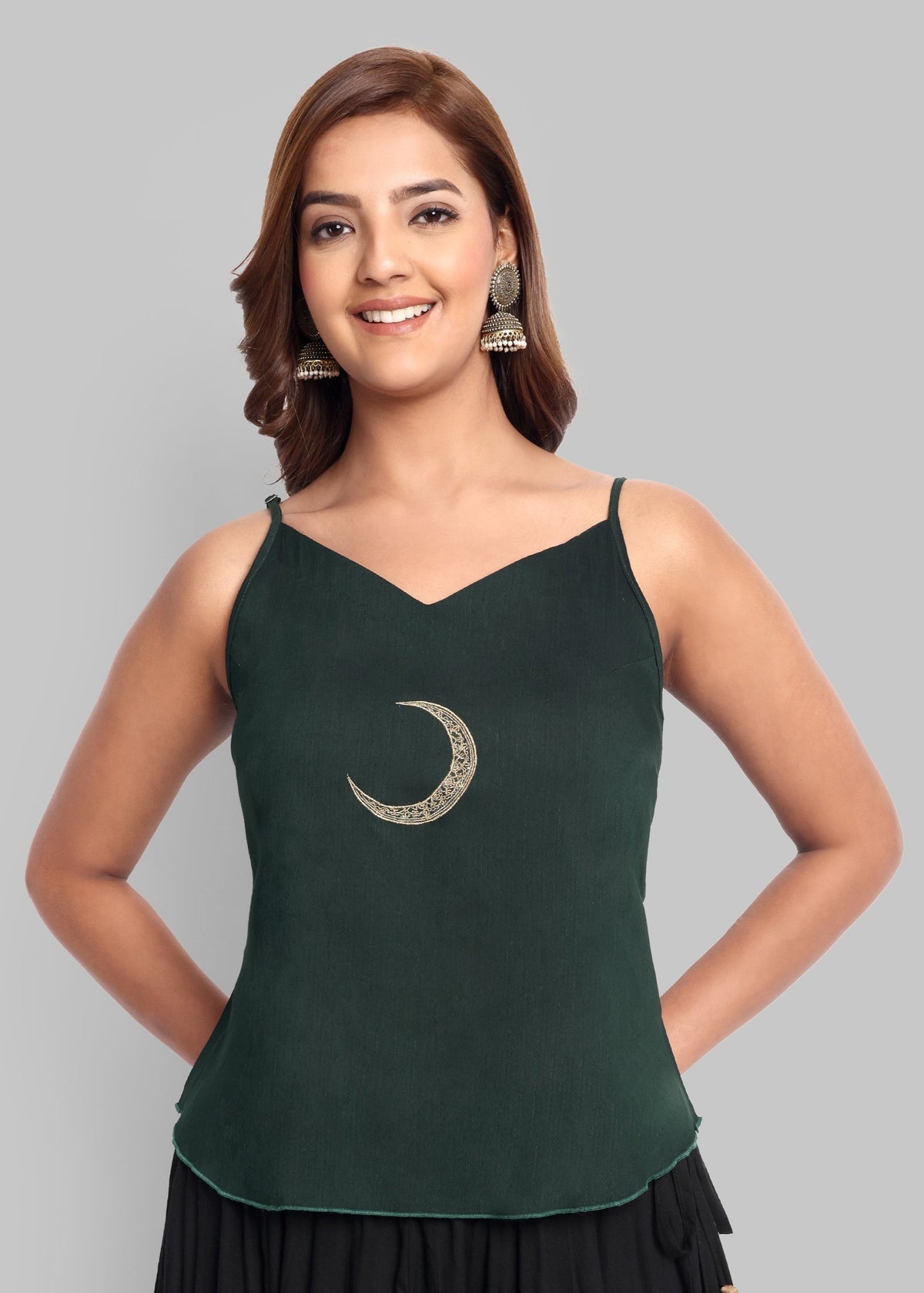 Bottle Green Cotton Silk Embroidery Top