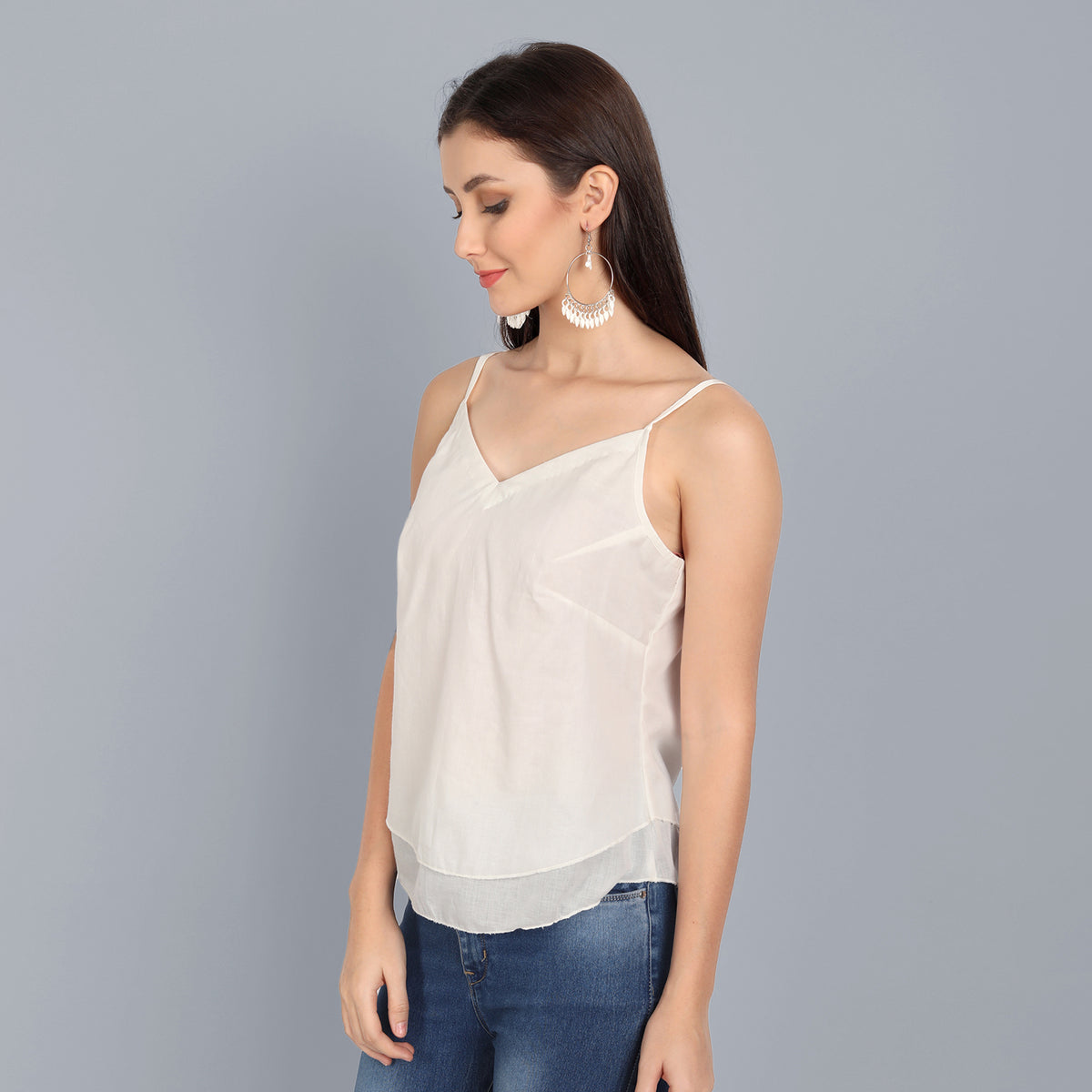 Basic Noodle Strap White Double Layered Mul Cotton Top - Mera Rang