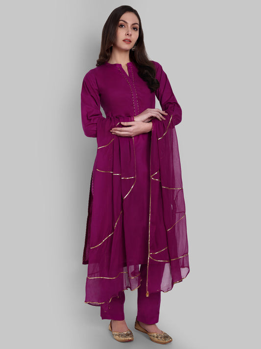 Dopahar Purple Kurta with Gota Twist & Chiffon Dupatta - Set of 3