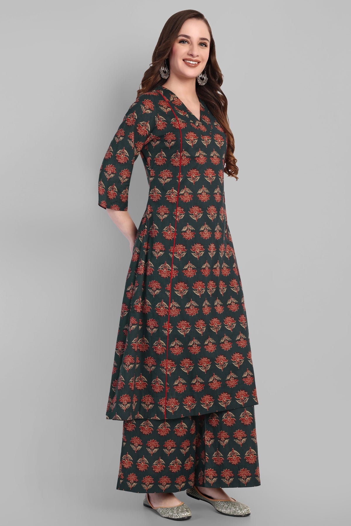 V Neck A Line Green Ajrak Kurta and Pant