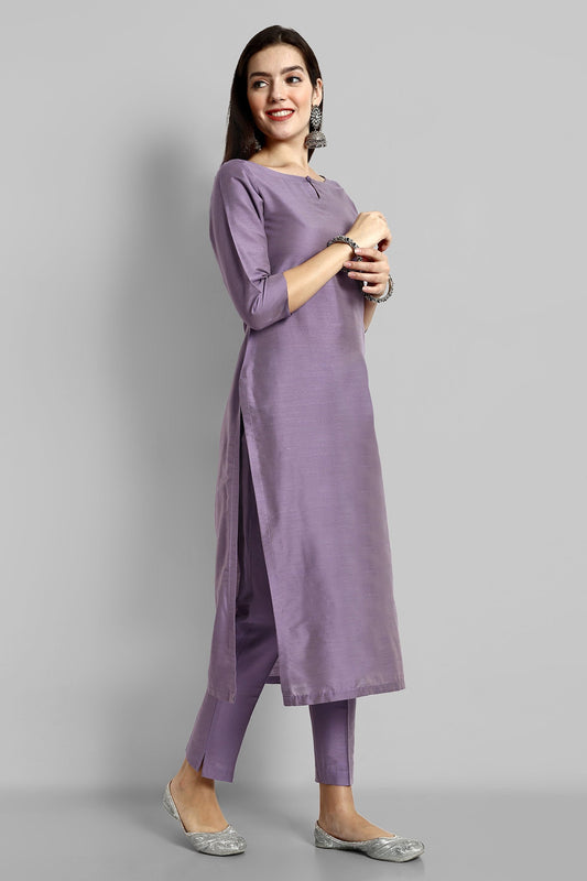 Mauve Boat Neck Kurta with Elasticated Pant - Set of 2