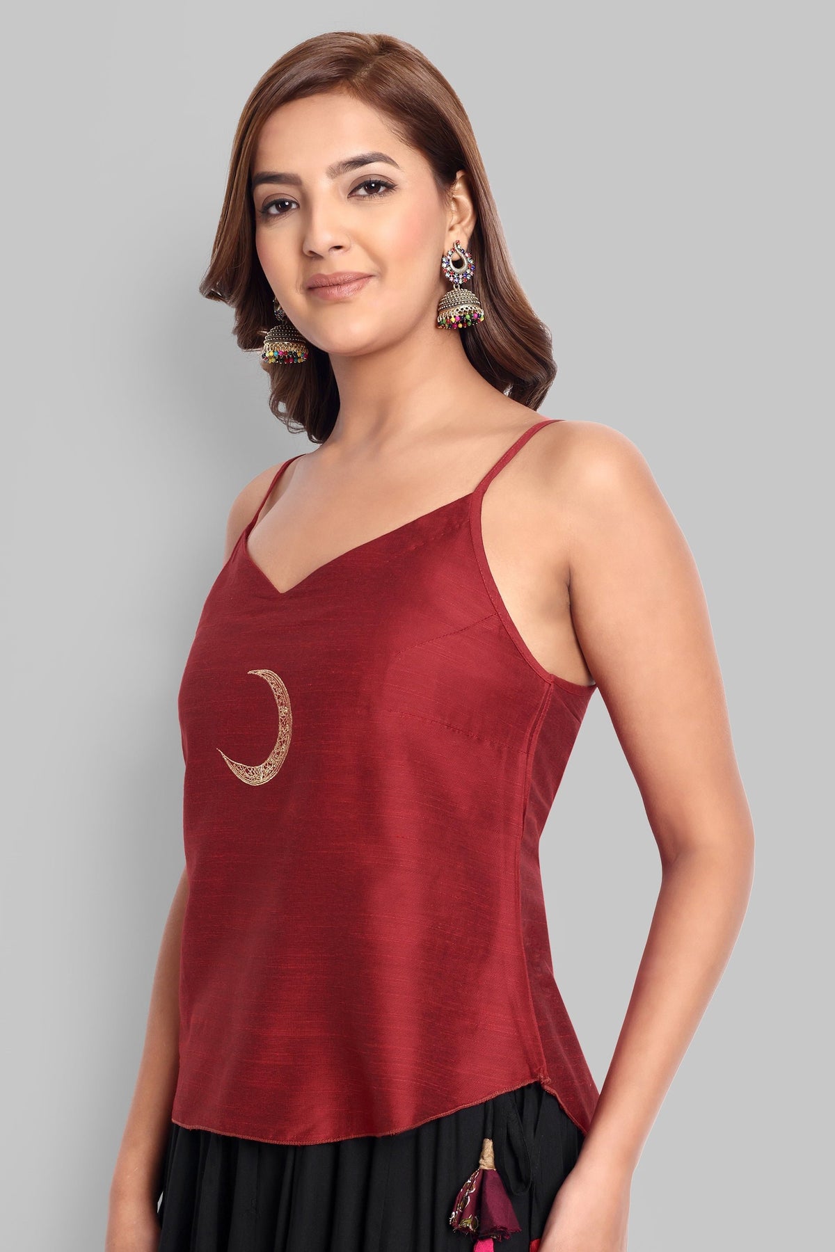 Deep Red Cotton Silk Embroidery Top