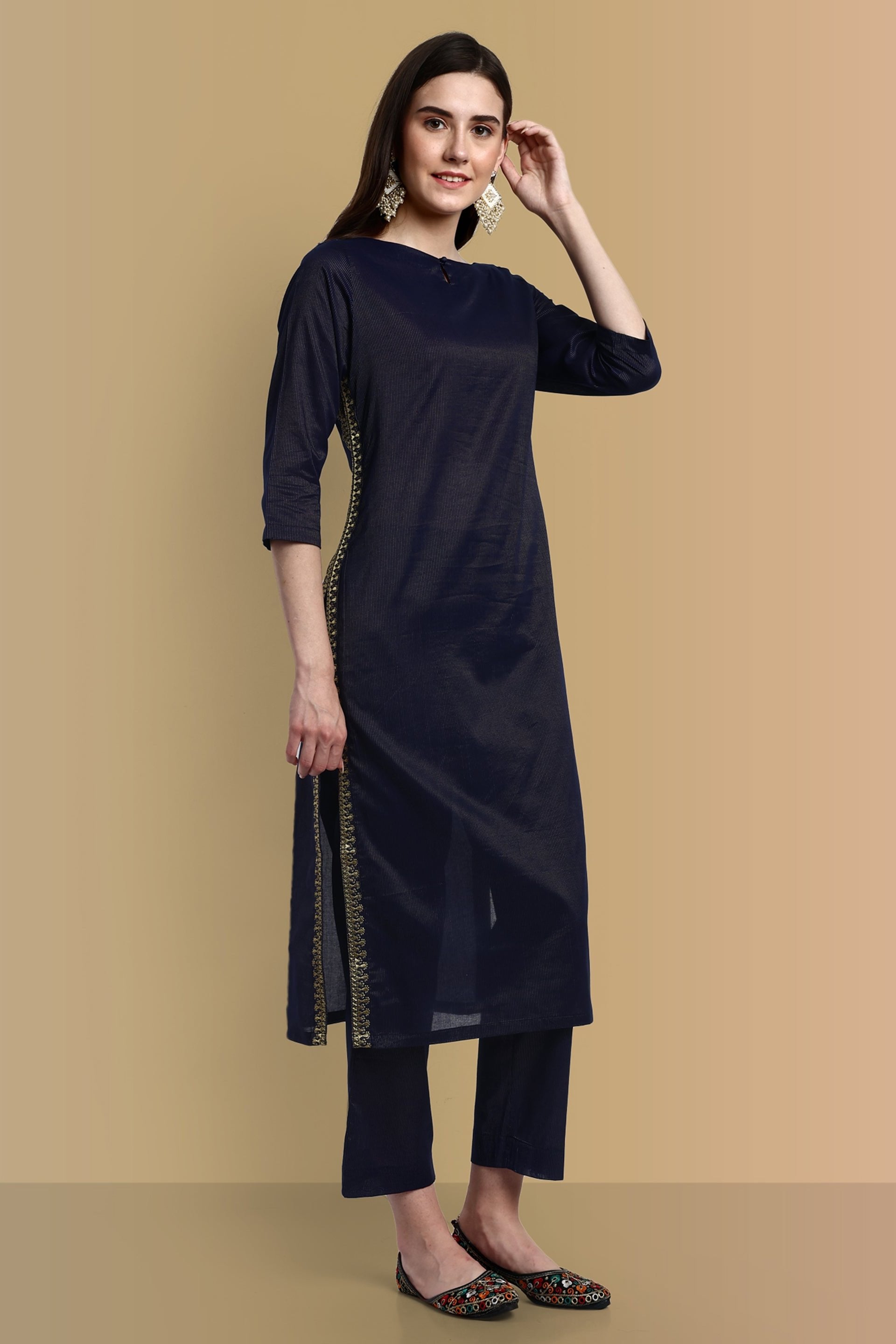 Midnight Blue Side Embriodery Kurta with Elasticated Pant - Set of 2