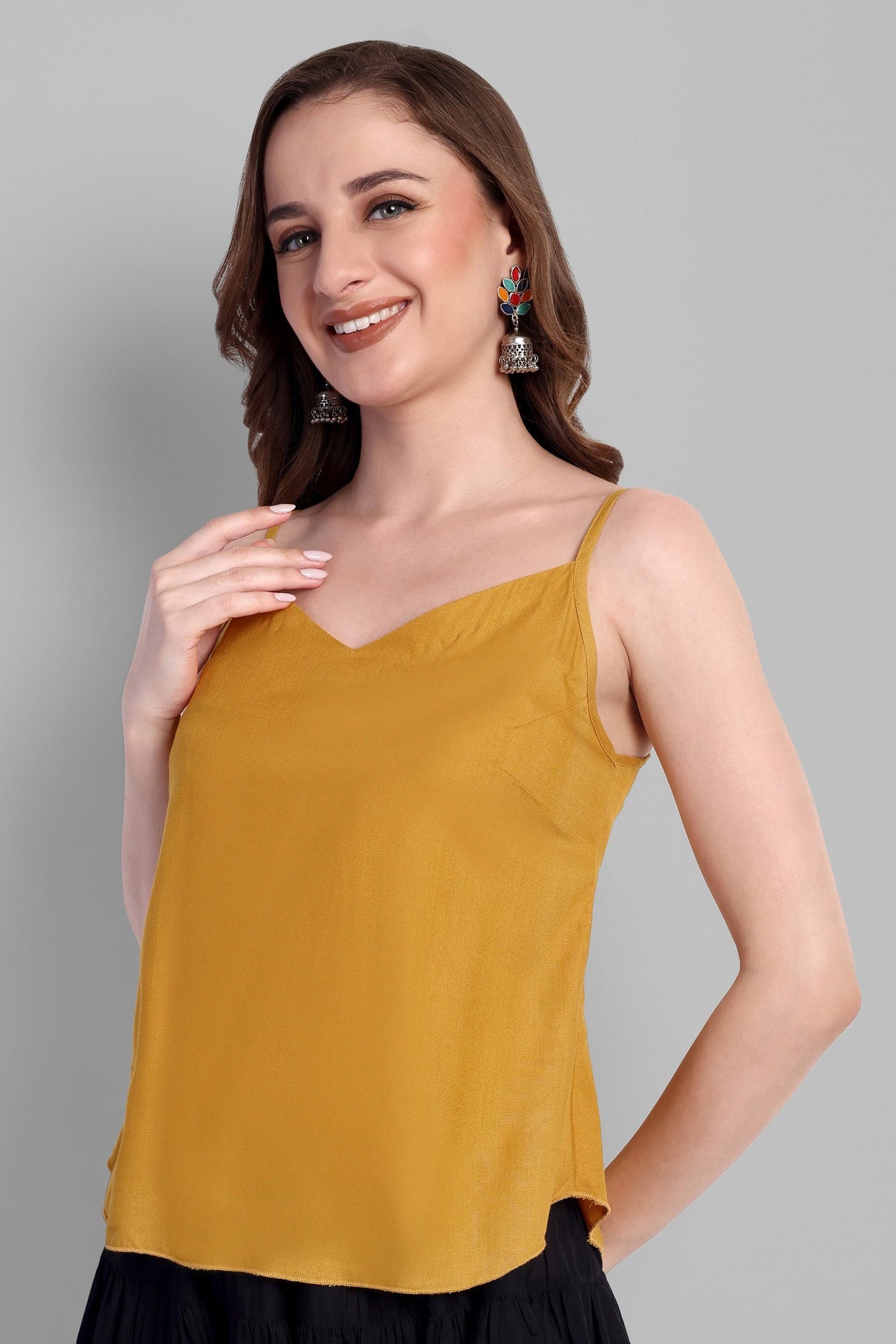 Mustard Rayon Noodle Strap Basic Top