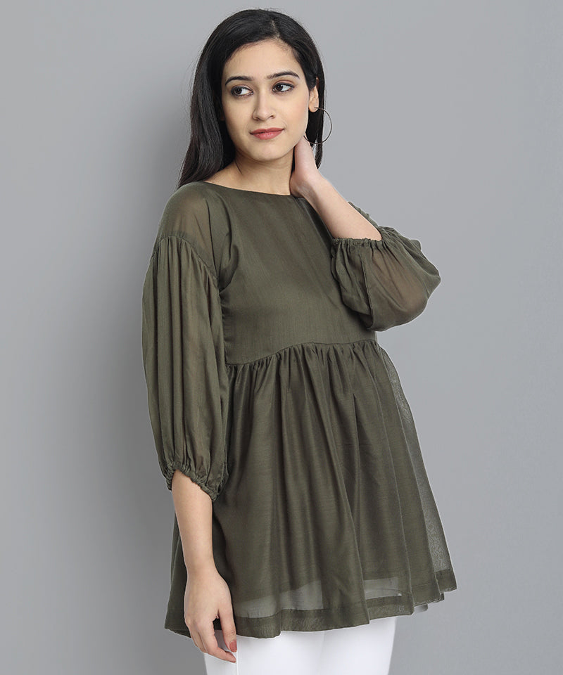 Khaki Mul Cotton Tunic Top - Mera Rang