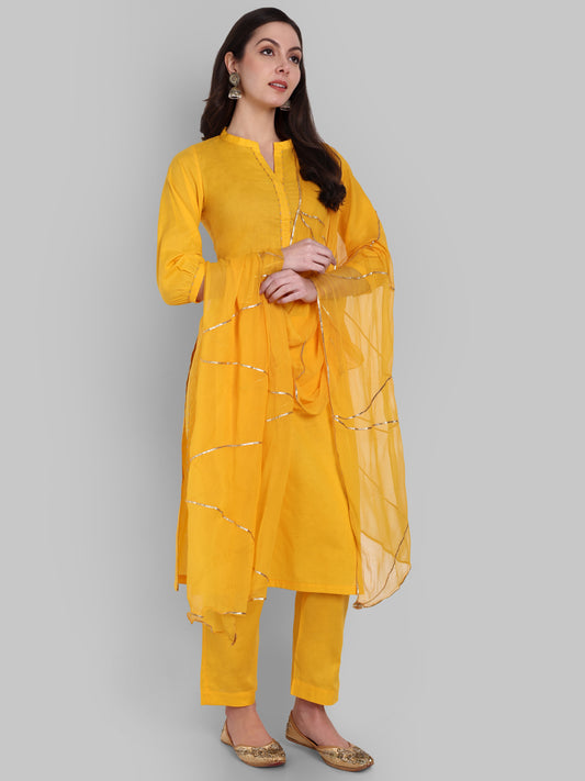 Dopahar Yellow Kurta with Gota Twist & Chiffon Dupatta - Set of 3
