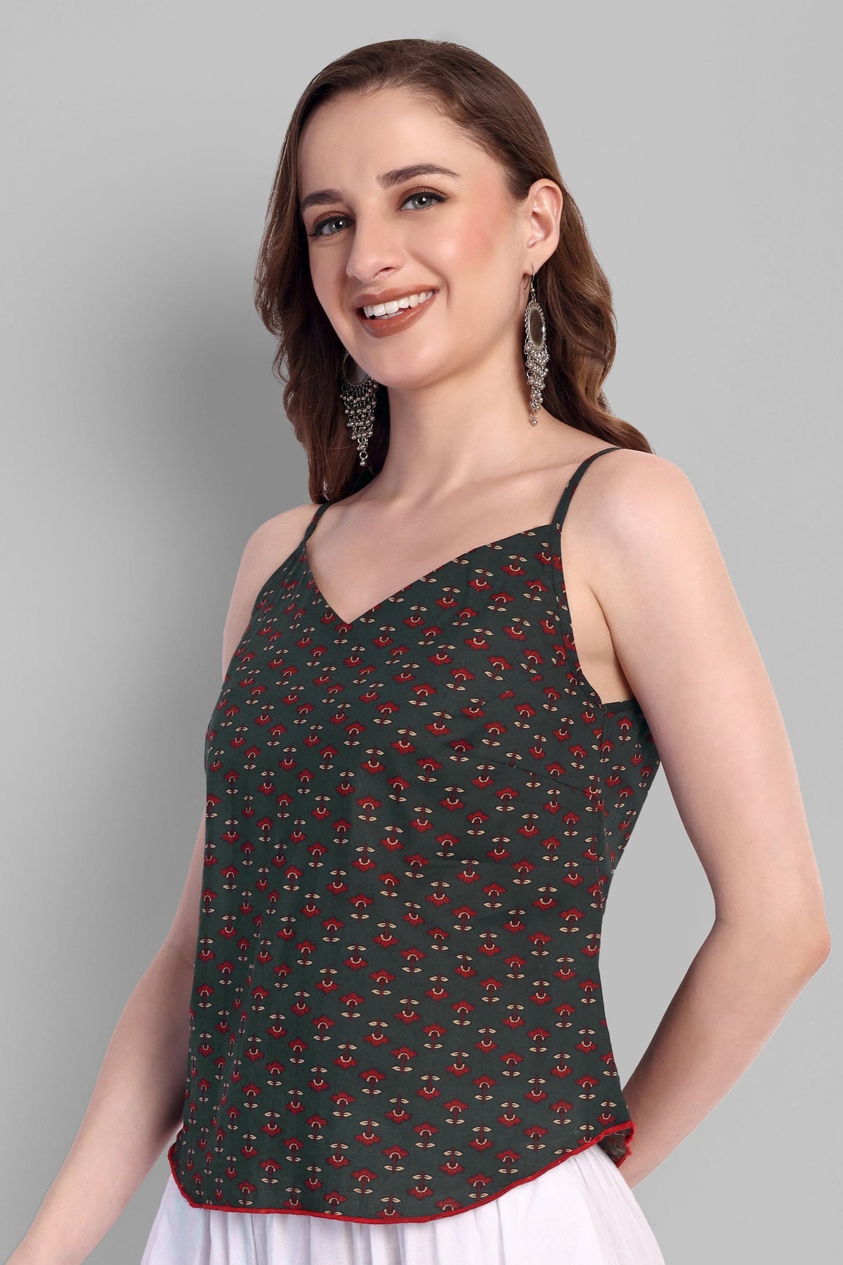 Cotton Noodle Ajrak Bottle Green Strap Basic Top
