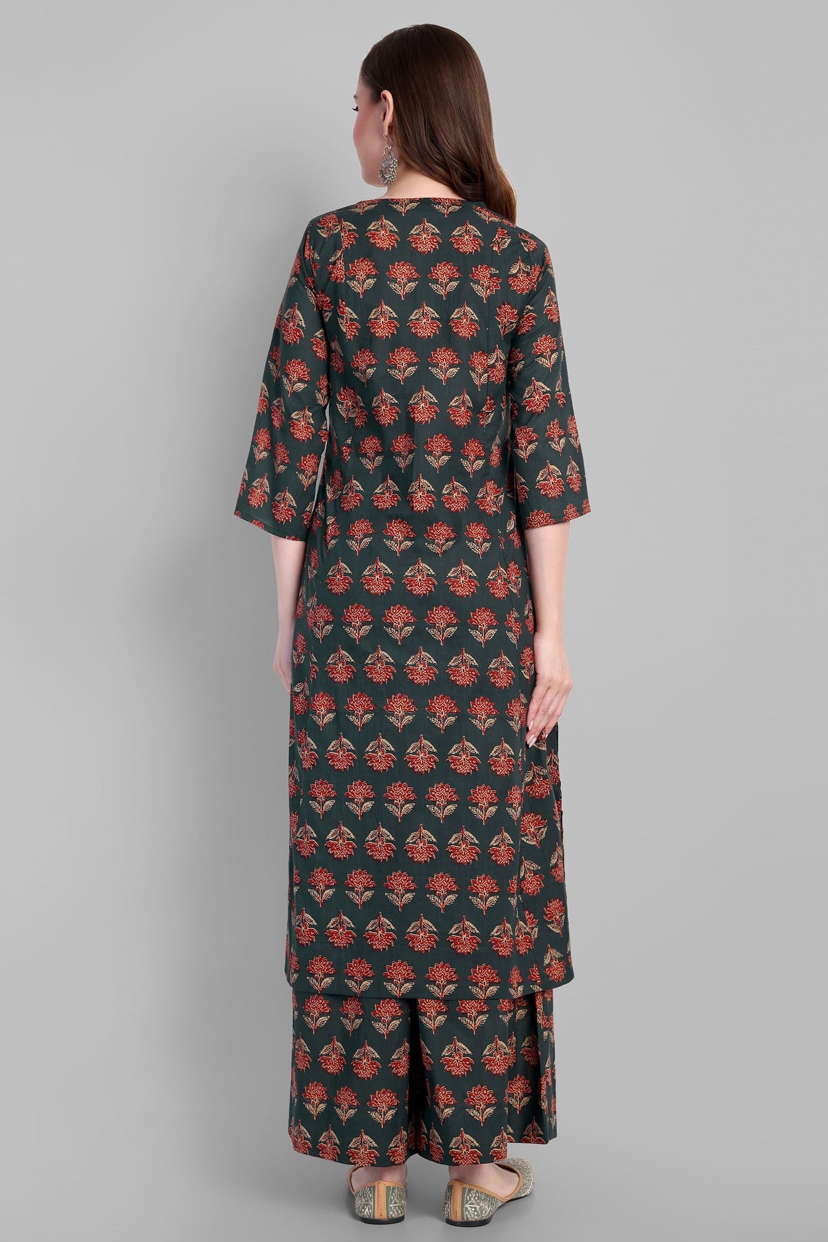 V Neck A Line Green Ajrak Kurta and Pant