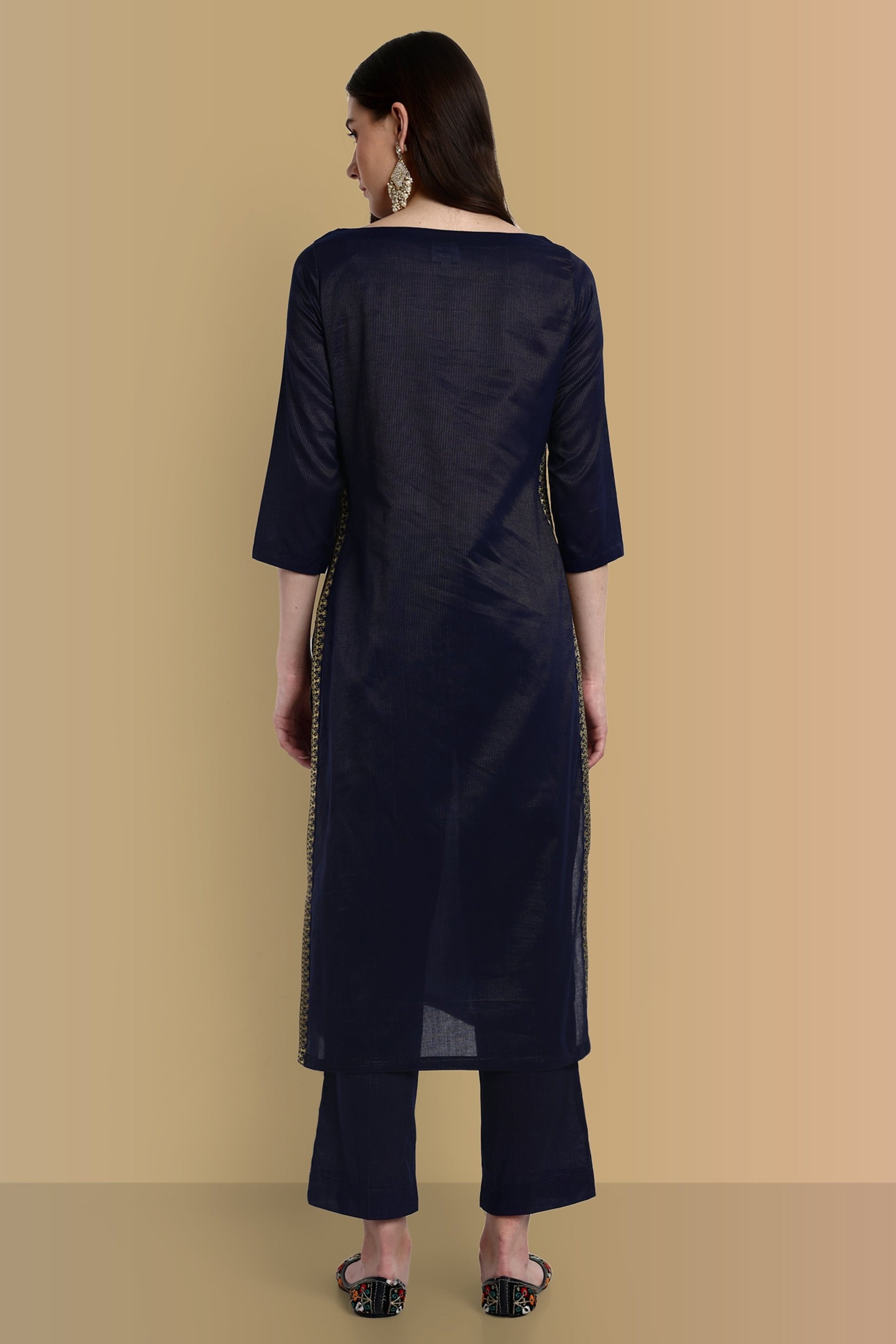 Midnight Blue Side Embriodery Kurta with Elasticated Pant - Set of 2