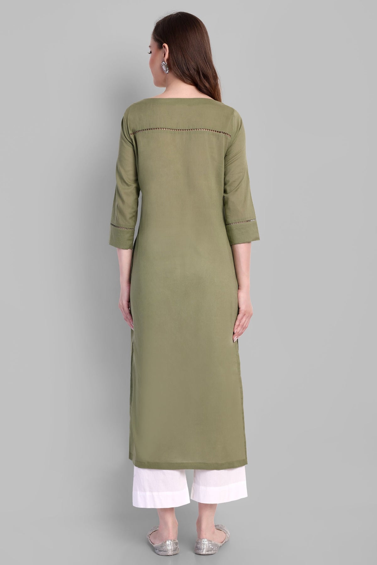 Khaki Mul Long Chikankari Kurta and Pant - Set of 2