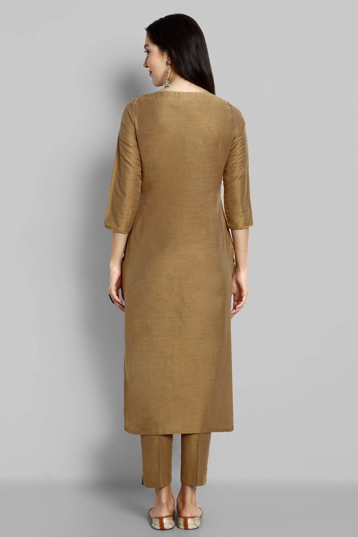 Old Gold Boat Neck Kurta with Elasticated Pant - Set of 2