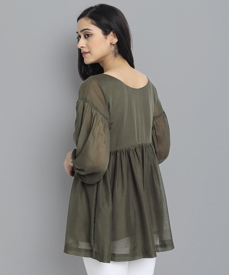 Khaki Mul Cotton Tunic Top - Mera Rang