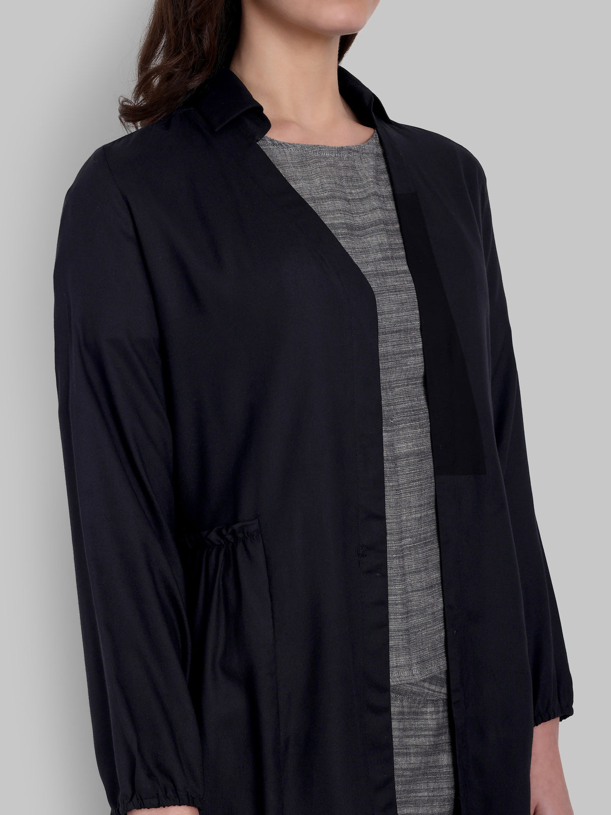 Enigmatic Black Cotton Overlay with Side Gathered Detailing