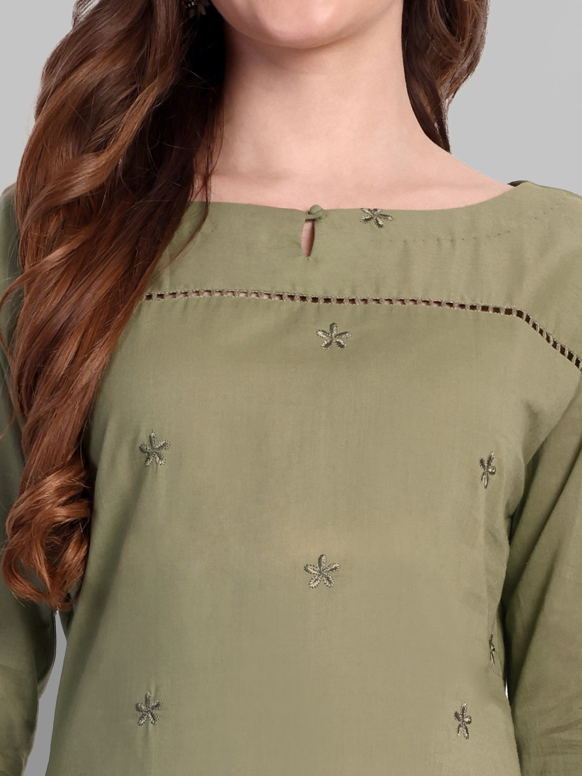 Khaki Mul Long Chikankari Kurta and Pant - Set of 2