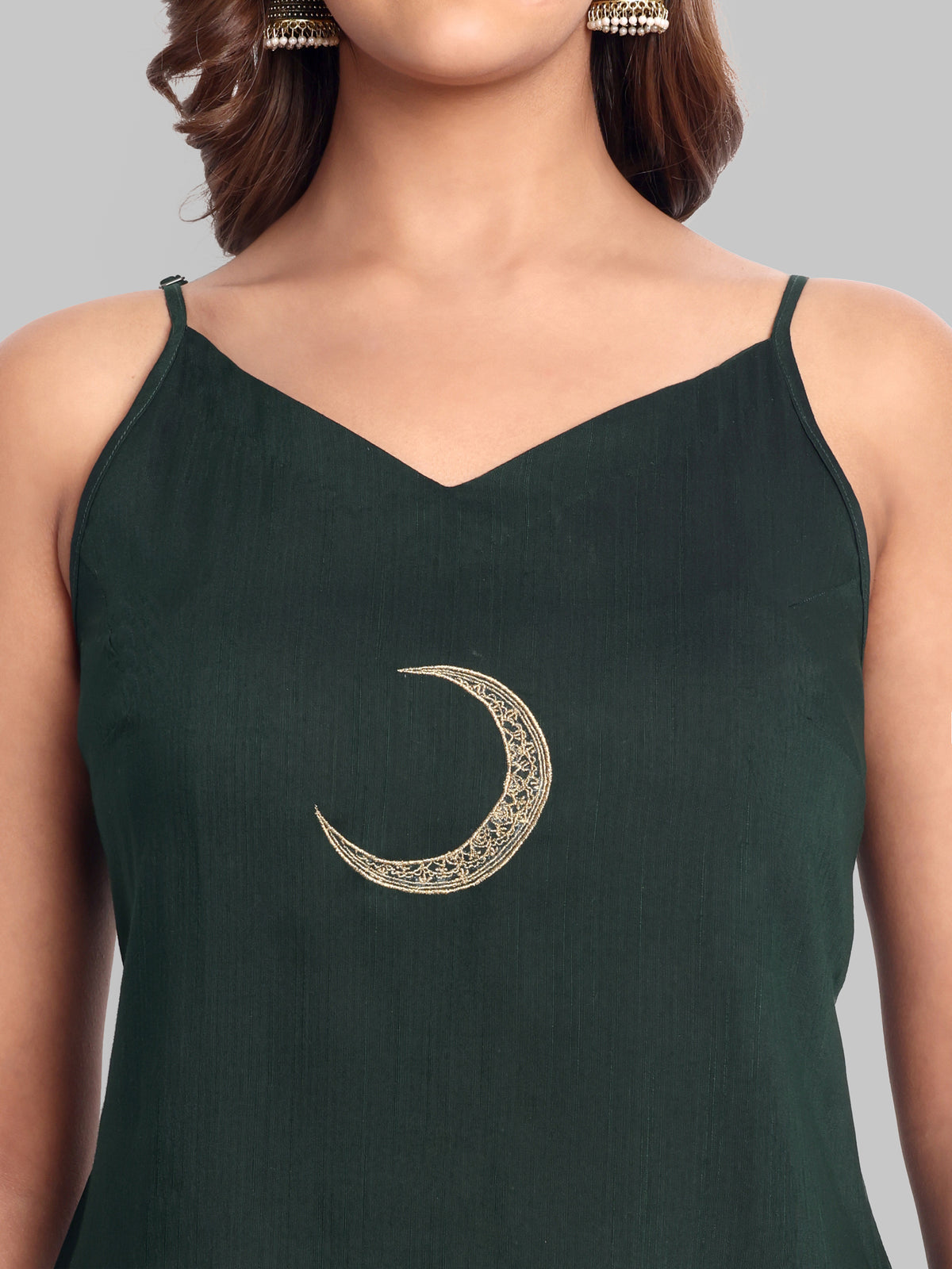 Bottle Green Cotton Silk Embroidery Top