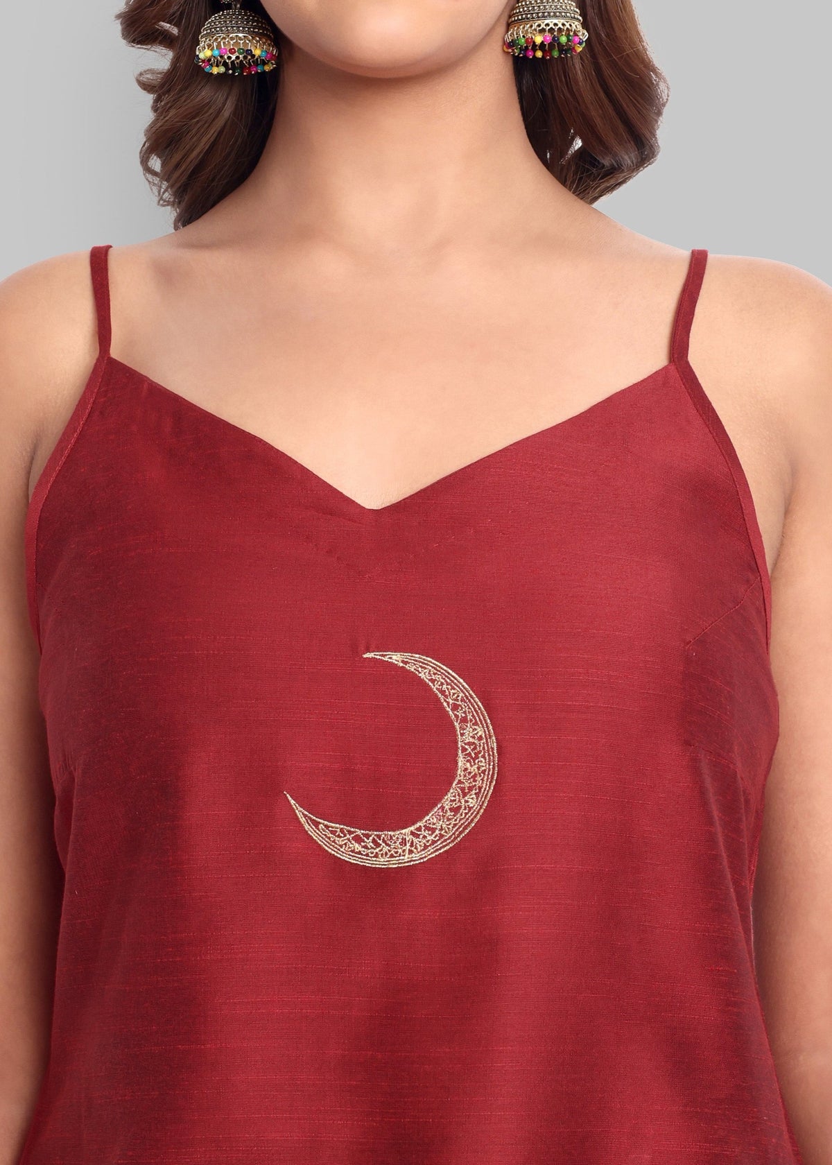 Deep Red Cotton Silk Embroidery Top