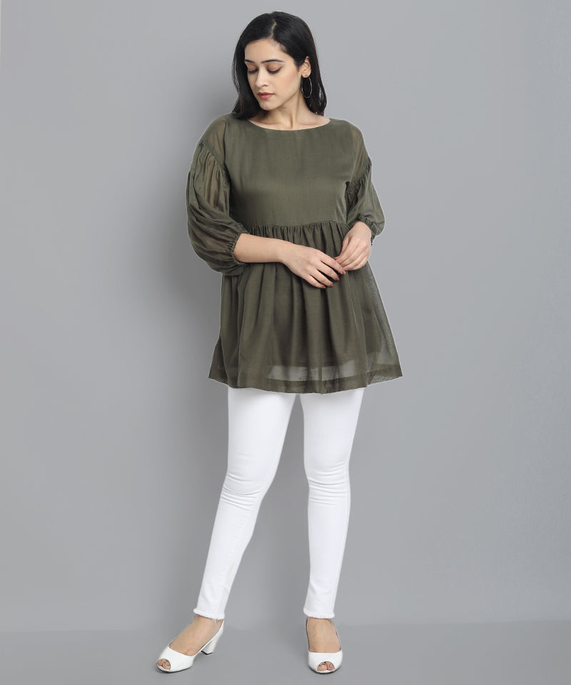 Women's Khaki Mul Cotton Tunic Top for Pants, Indo-Western Look