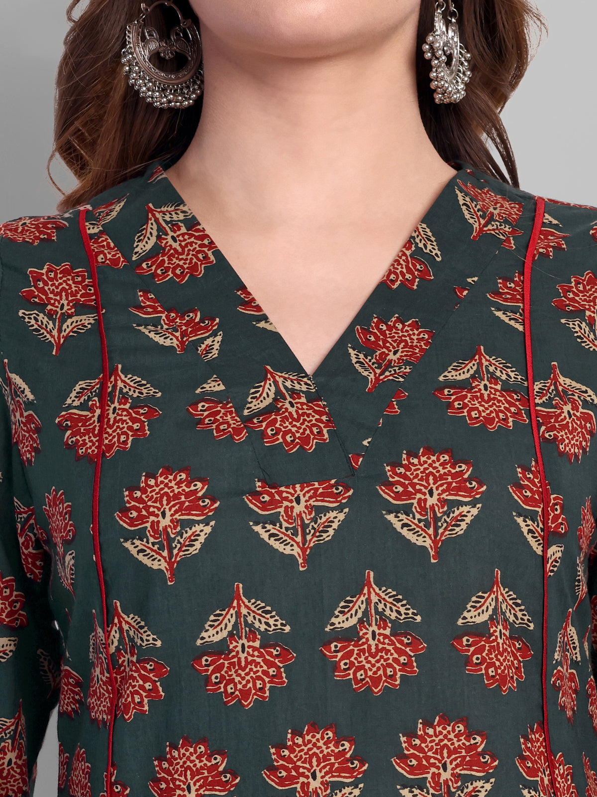 V Neck A Line Green Ajrak Kurta and Pant