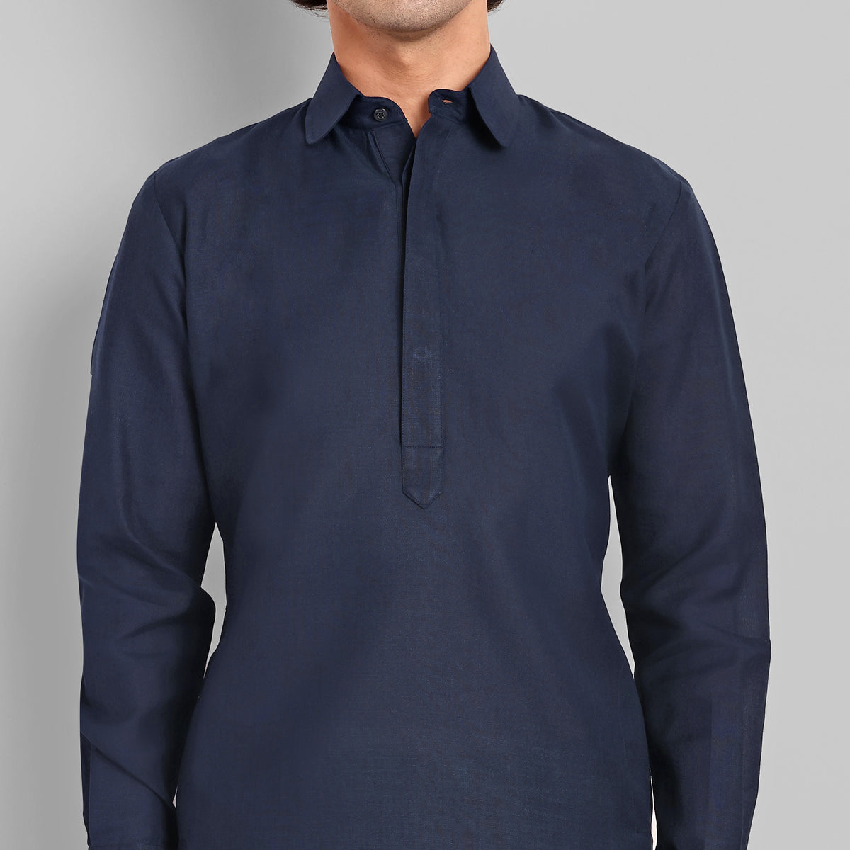 Navy Blue Cotton-Linen Pathani Suit