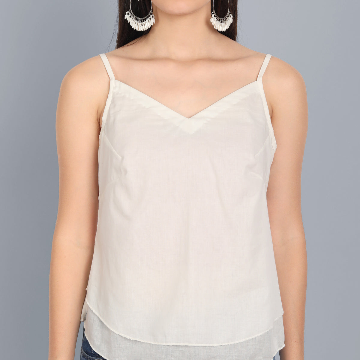 Basic Noodle Strap White Double Layered Mul Cotton Top - Mera Rang