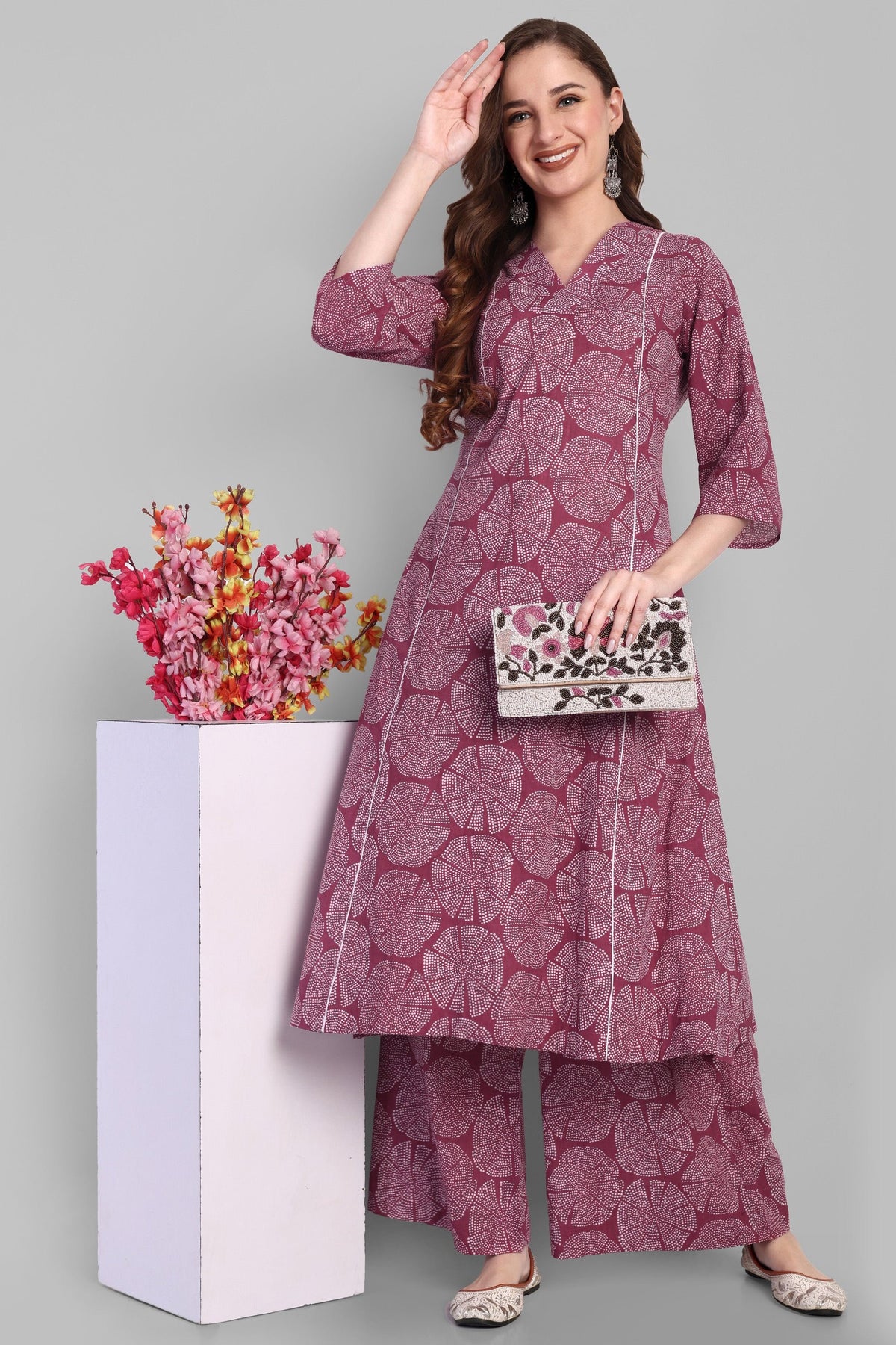V Neck A Line Kurta and Pant - Set of 2