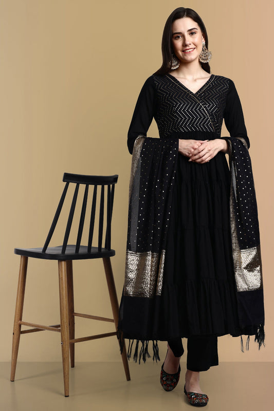 Black Cotton Chanderi Graduated Angrakha Style Set