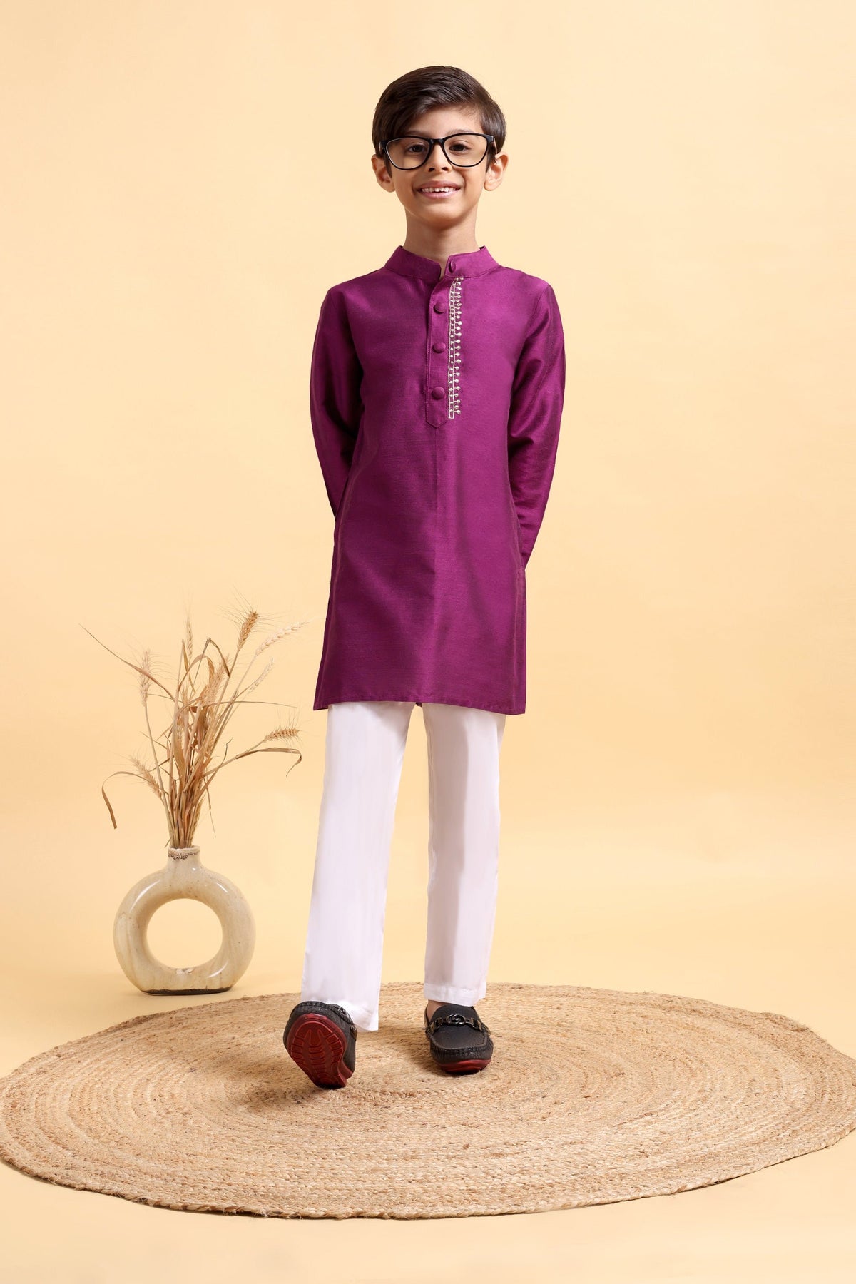 Purple Embriodery Cotton Silk Kurta & Pajama Set
