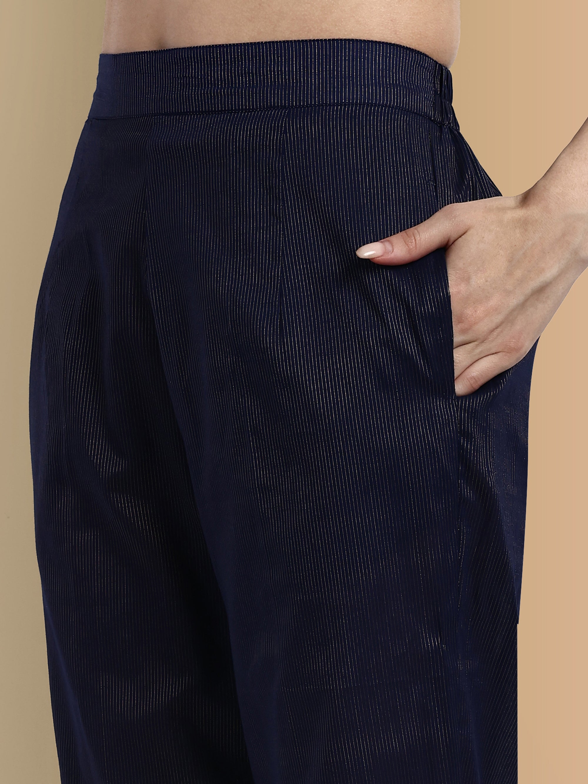 Midnight Blue Side Embriodery Kurta with Elasticated Pant - Set of 2