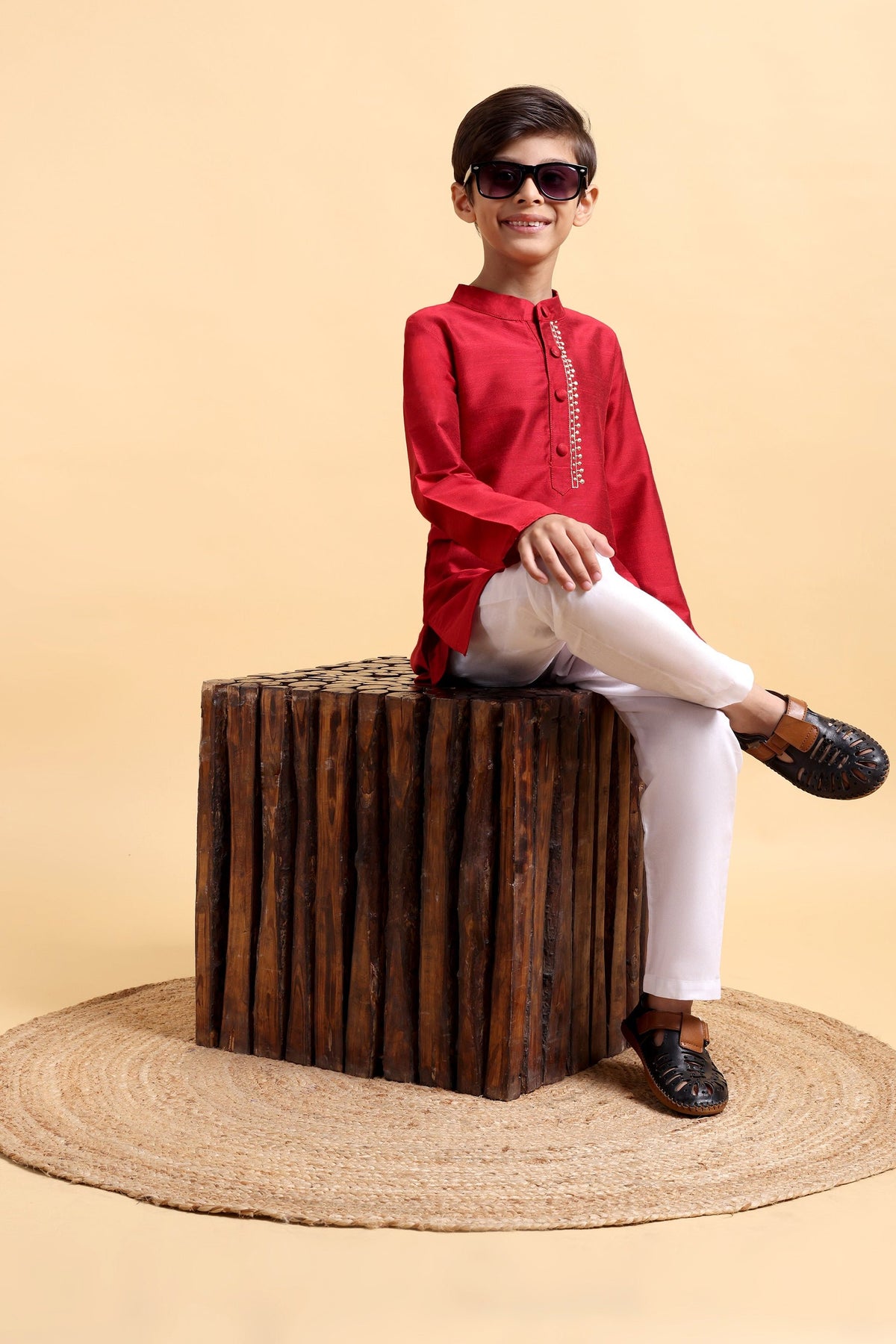 Deep Red Embroidery Cotton Silk Kurta & Pajama Set