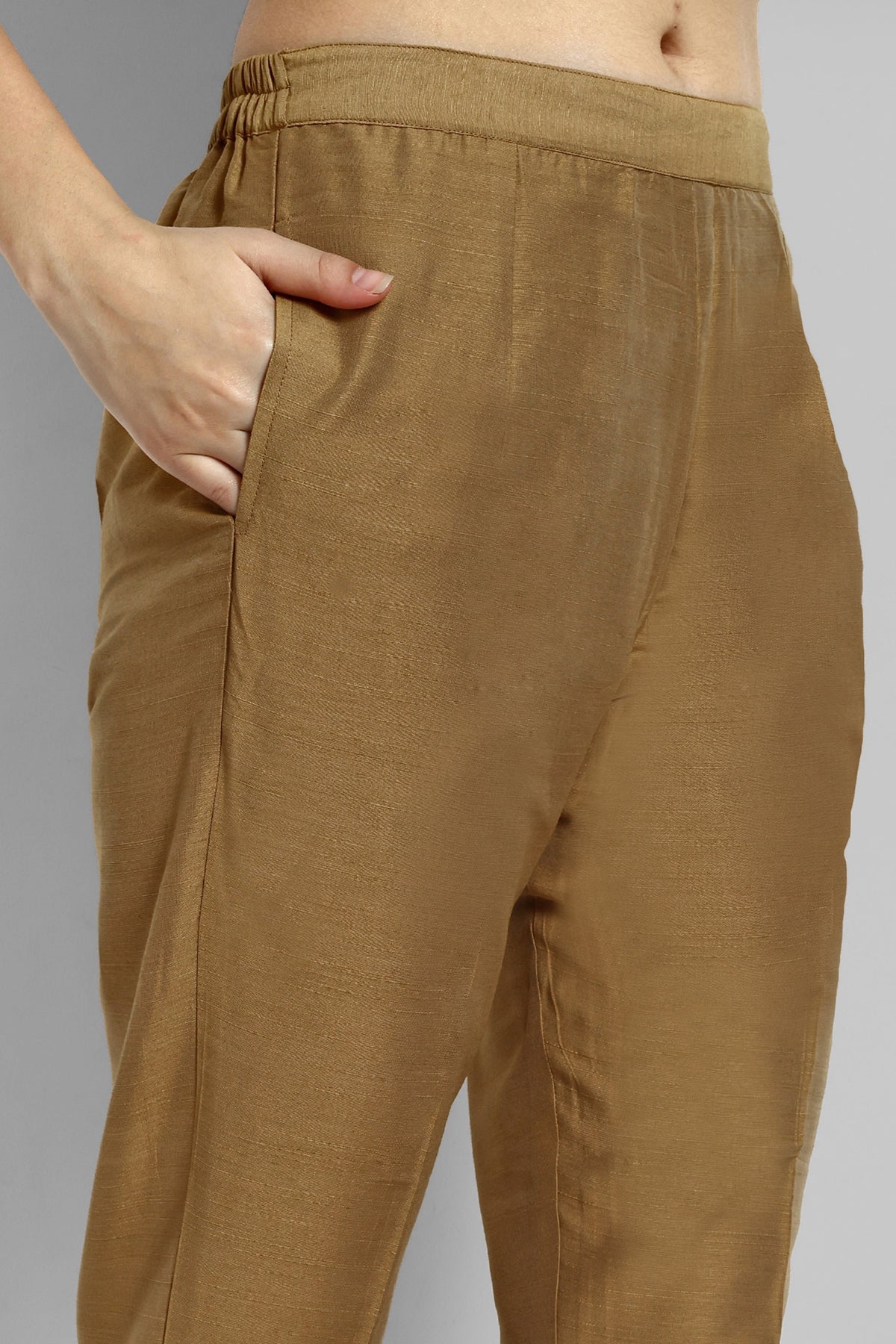 Old Gold Boat Neck Kurta with Elasticated Pant - Set of 2