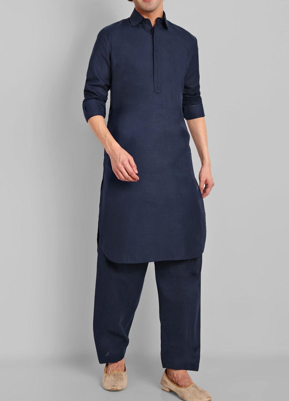 Navy Blue Cotton-Linen Pathani Suit
