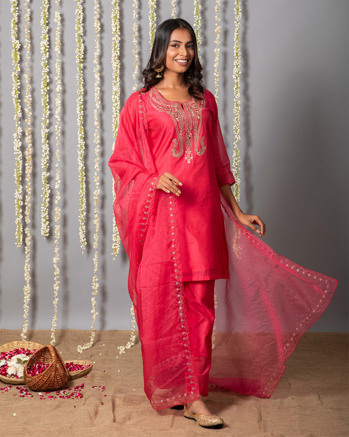 Chand Gul Chanderi Embroidery Set with Organza Dupatta - Set of 3