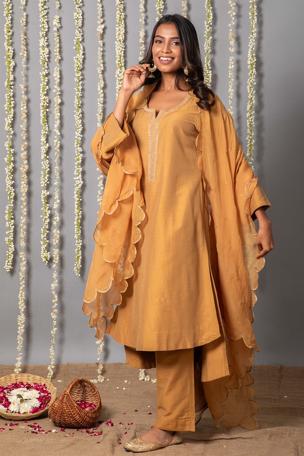 Chand Handcrafted Dull Gold Kurta Pant with Organza Silk Dupatta - Set of 3