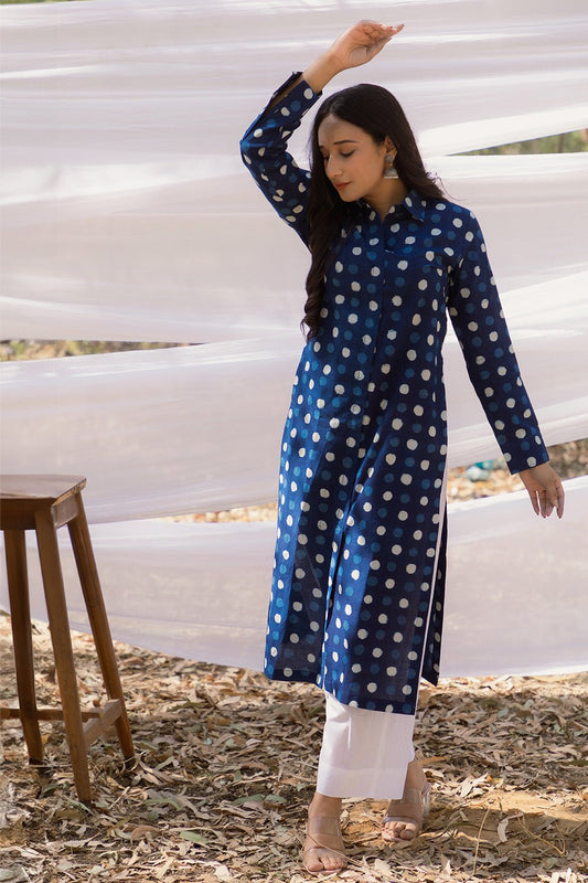 Indigo Collar Shirt Style Long Kurta