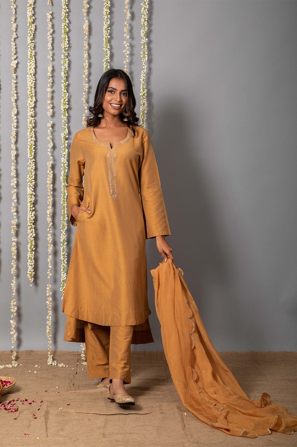 Chand Handcrafted Dull Gold Kurta Pant with Organza Silk Dupatta - Set ...