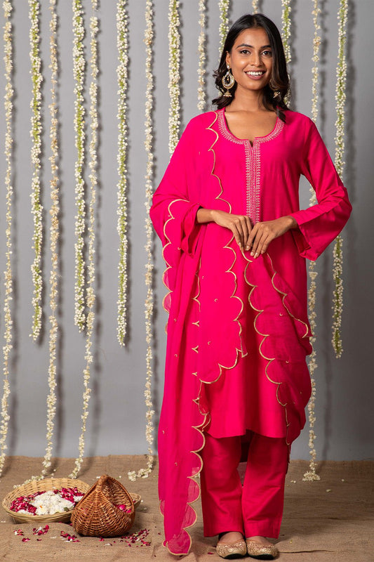Chand Gulabi Cotton Silk Kurta with Organza Silk Dupatta - Set of 3