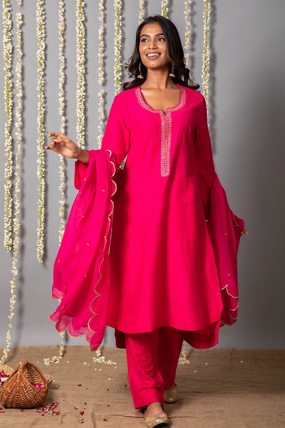 Chand Gulabi Cotton Silk Kurta with Organza Silk Dupatta - Set of 3