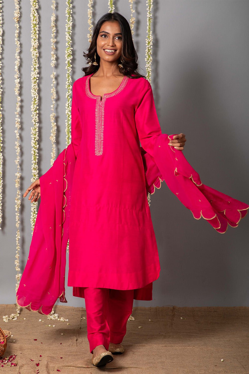 Chand Gulabi Cotton Silk Kurta with Organza Silk Dupatta - Set of 3