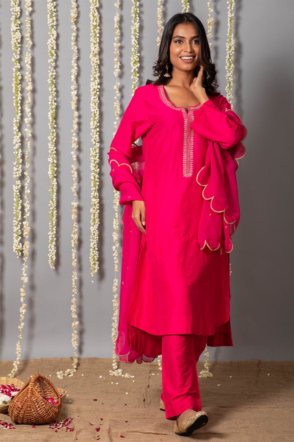 Chand Gulabi Cotton Silk Kurta with Organza Silk Dupatta - Set of 3