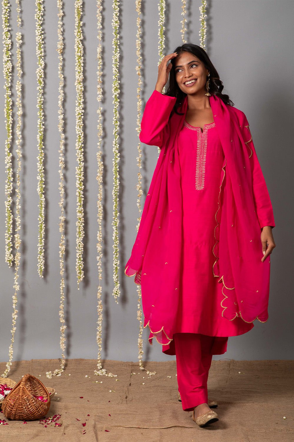 Chand Gulabi Cotton Silk Kurta with Organza Silk Dupatta - Set of 3