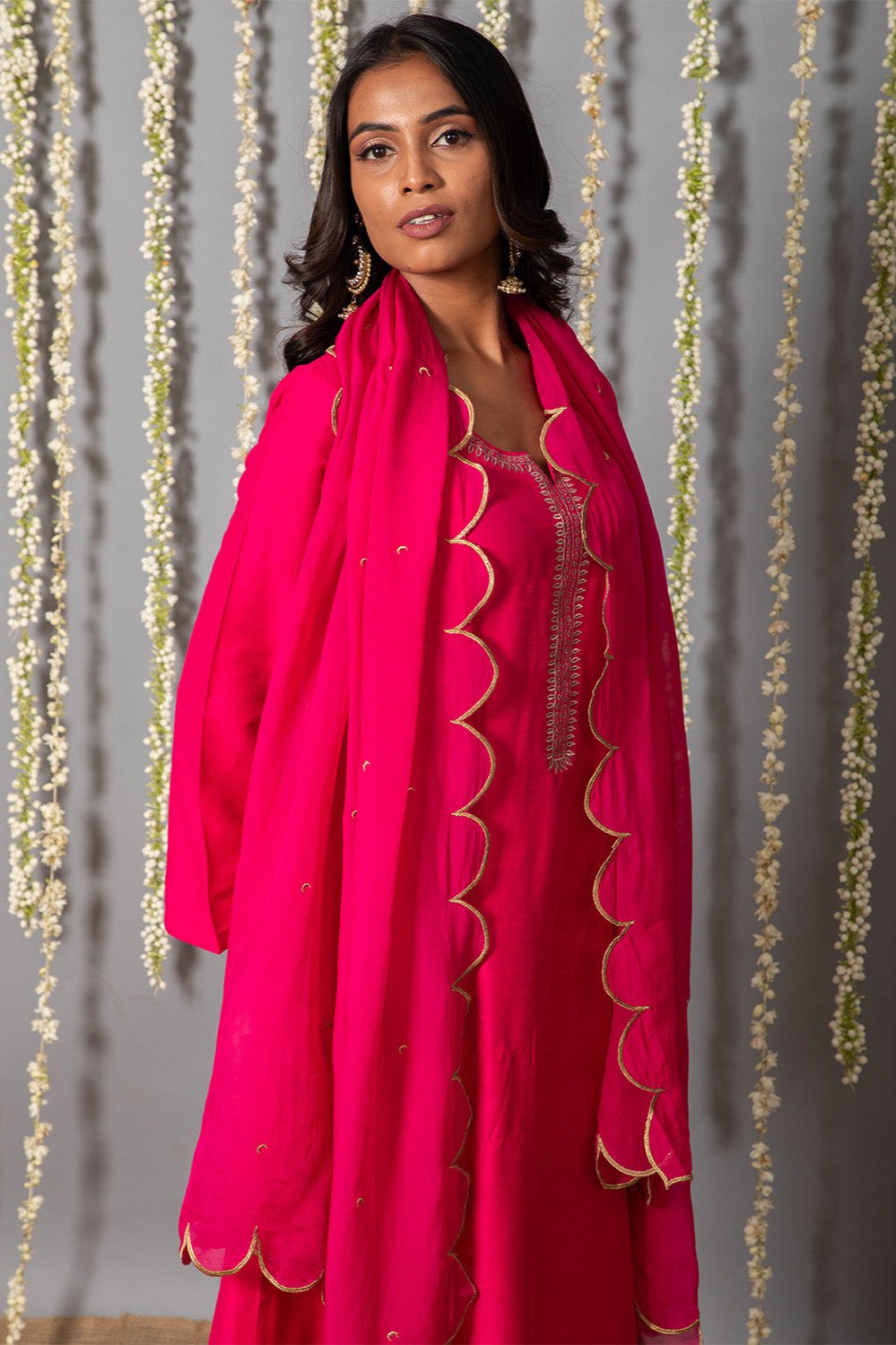 Chand Gulabi Cotton Silk Kurta with Organza Silk Dupatta - Set of 3