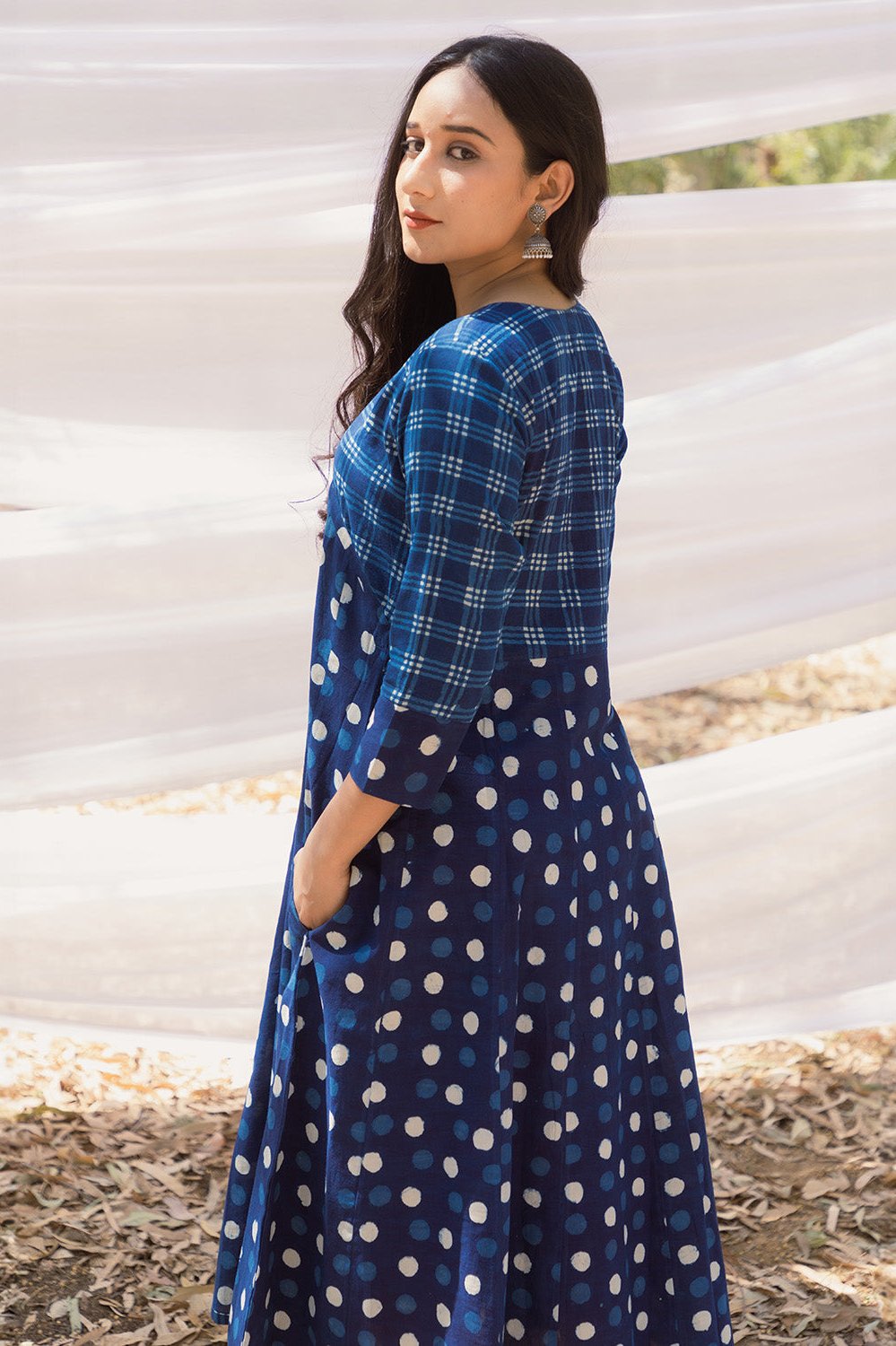 Indigo Polka Kalidar Bahaar Dress with Indigo Pants - Set of 2