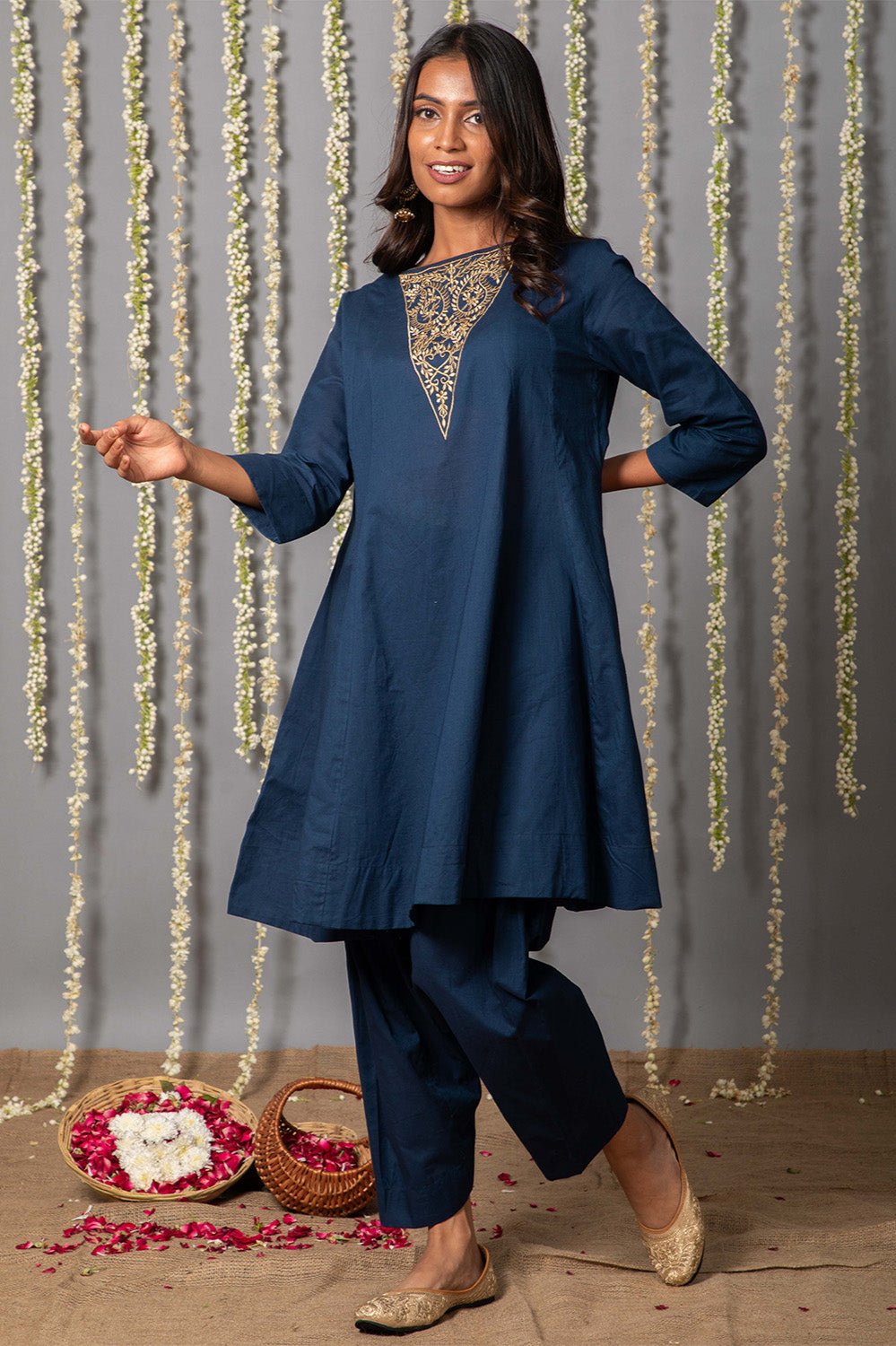 Navy Blue Embroidered Kurta Set