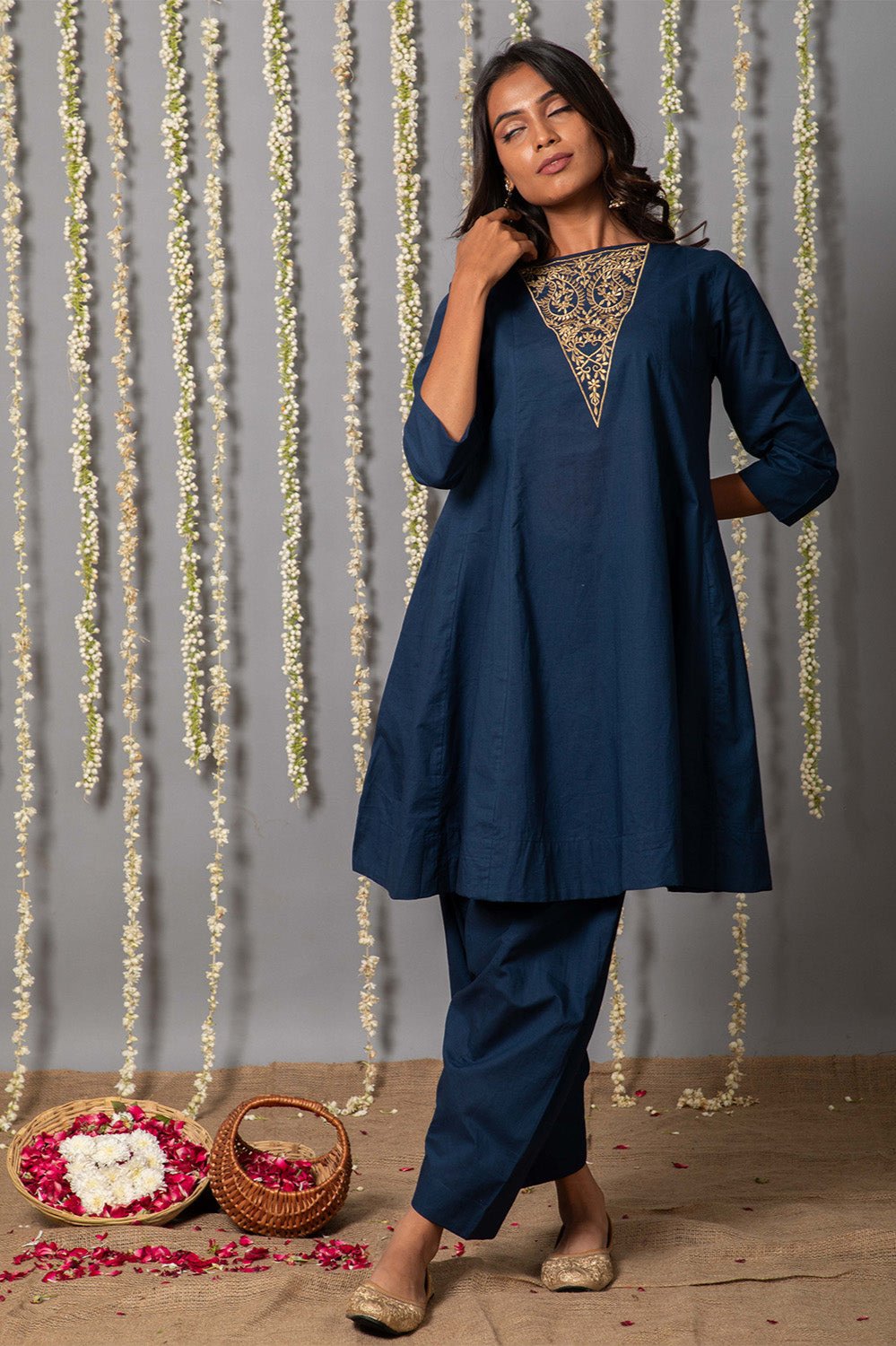 Navy Blue Embroidered Kurta and Shalwar Set