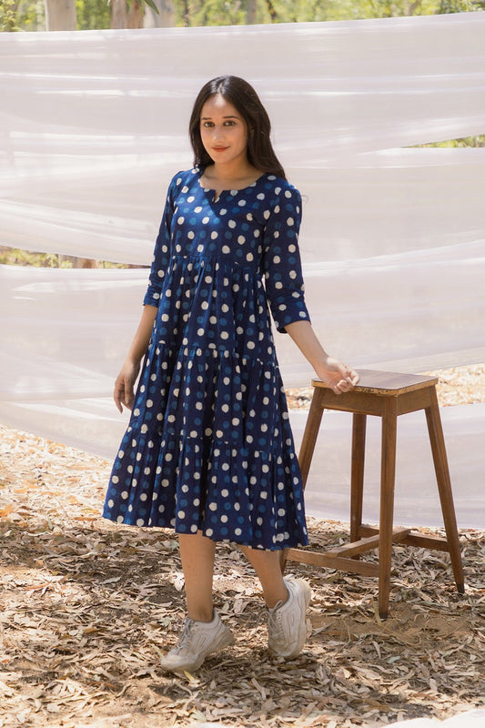 Lazy Round Neck Indigo Polka Graduated Dress