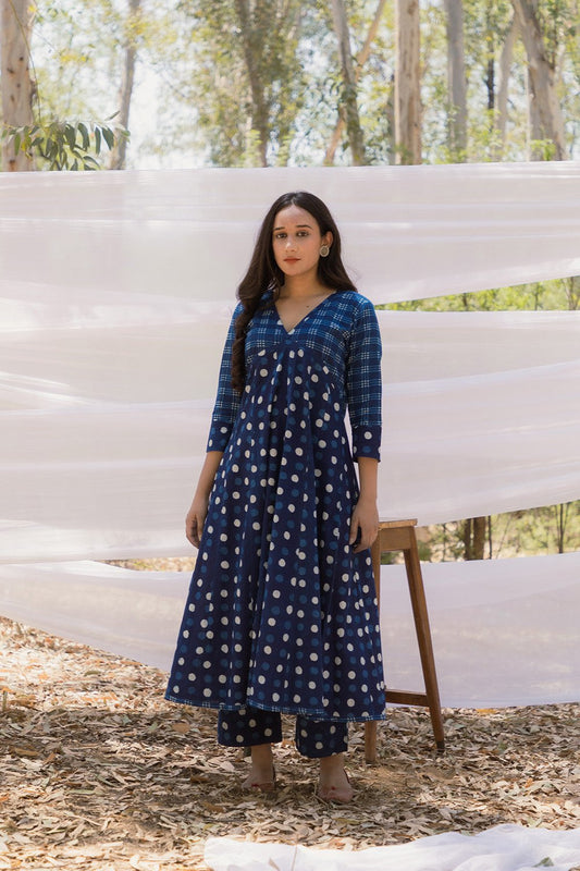 Indigo Polka Kalidar Bahaar Dress with Indigo Pants - Set of 2